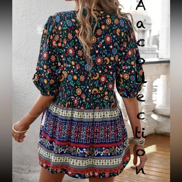 Boho Floral Print Top Blouse Shirt - Picture 2 of 4